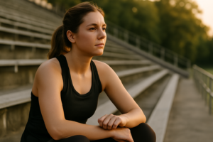 Uma jovem sentada nos degraus de uma arquibancada ao ar livre durante o fim da tarde. Ela veste roupa esportiva preta e observa o horizonte com expressão concentrada e determinada. Ao fundo, árvores e estrutura metálica da arquibancada são iluminadas pela luz dourada do pôr do sol, simbolizando foco e disciplina.