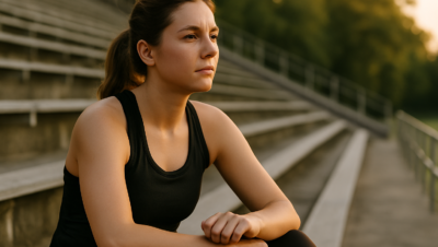 Uma jovem sentada nos degraus de uma arquibancada ao ar livre durante o fim da tarde. Ela veste roupa esportiva preta e observa o horizonte com expressão concentrada e determinada. Ao fundo, árvores e estrutura metálica da arquibancada são iluminadas pela luz dourada do pôr do sol, simbolizando foco e disciplina.