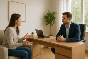 Profissional atendendo cliente em consultório moderno e bem decorado, mostrando ambiente ideal para divulgação e aluguel de sala para atendimentos.