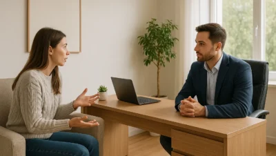 Profissional atendendo cliente em consultório moderno e bem decorado, mostrando ambiente ideal para divulgação e aluguel de sala para atendimentos.