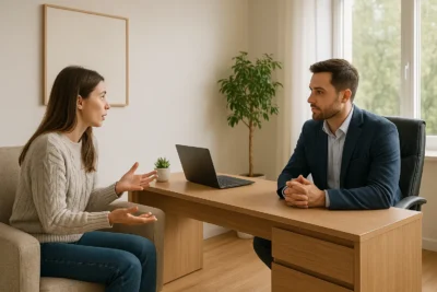 Profissional atendendo cliente em consultório moderno e bem decorado, mostrando ambiente ideal para divulgação e aluguel de sala para atendimentos.